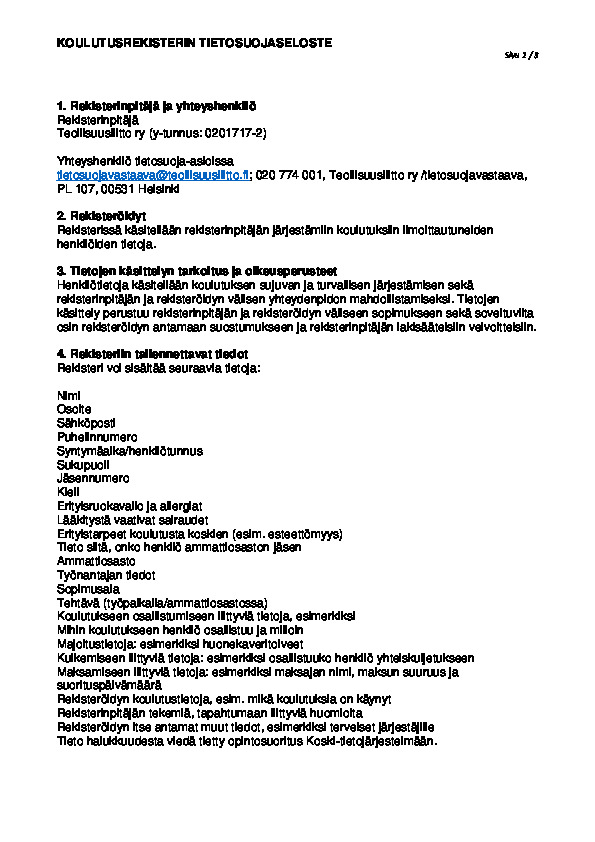 Koulutusrekisterin tietosuojaseloste